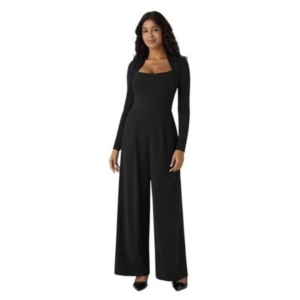 Halara Black Easy Peezy Wide-Leg Jumpsuit Long Sleeve Pockets Stretch Large NWT